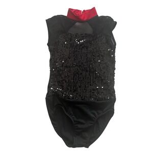 Weissman Size Med Child MC Leotard Black Red Sequin High Neck Sleeveless